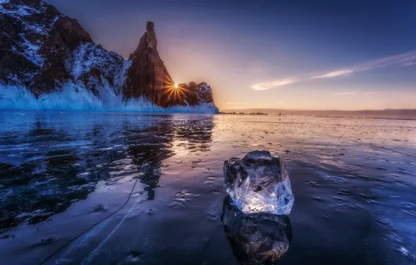 Sunset, rock, lake, ice, lake Baikal, Olkhon island, Cape Khoboy