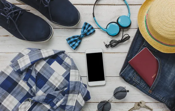 Butterfly, shoes, hat, headphones, glasses, phone, shirt, keys