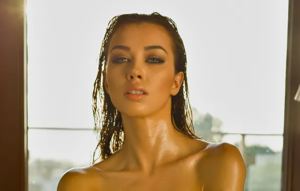 Angela, wet, woman, model, sun, photodromm, hair, brunette