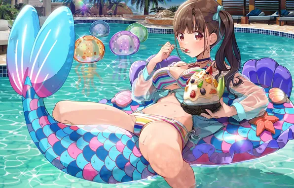 Picture girl, sexy, pool, cleavage, long hair, brown hair, boobs, anime