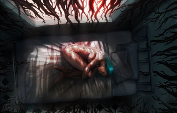 Picture girl, roots, bed, art, tentacles, Gina Nelson, nightmare