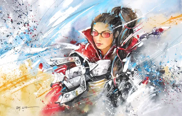 Picture girl, weapons, paint, art, glasses, League of Legends, Vayne, The Night Hunter