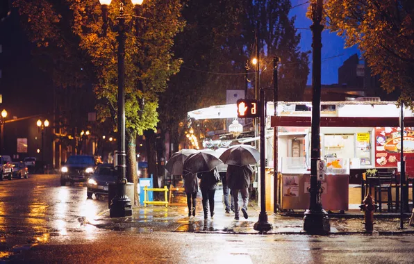 People, street, umbrellas, life, lamp post, rainy