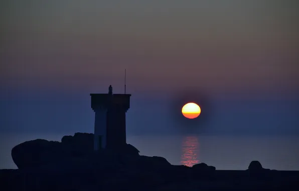 Sea, the sky, the sun, sunset, tower, silhouette