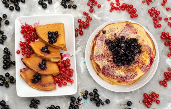 Berries, plate, black, placer, grey background, red, pancakes, a lot