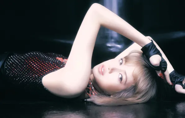 Dress, blonde, floor, gloves