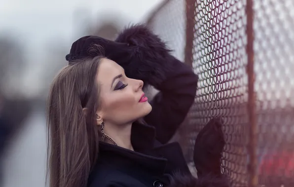 Girl, pose, model, the fence, portrait, makeup, hairstyle, gloves