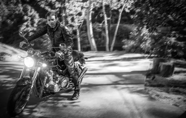 Road, forest, trees, background, jeans, blur, jacket, motorcycle
