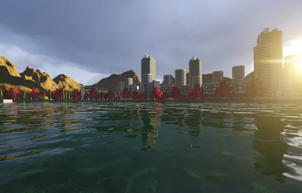 Water, sunset, the city, Blik, lumion