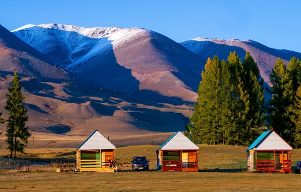 Machine, light, mountains, people, dog, houses, Altay