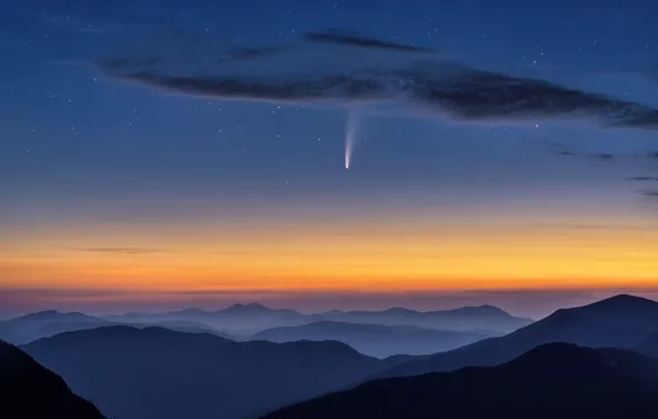 The sky, stars, clouds, mountains, comet, sky, mountains, clouds