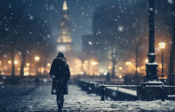 Winter, road, girl, light, snow, night, the city, lights