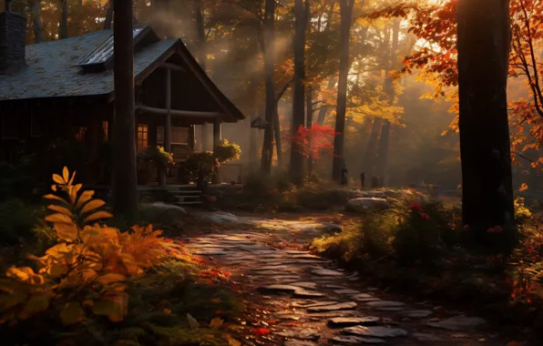 Autumn, forest, the sun, light, trees, fog, house, Park