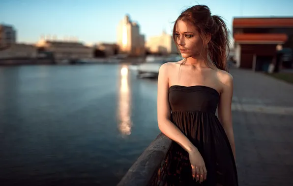 River, Model, Promenade, Black, Hair, Dress, Moscow