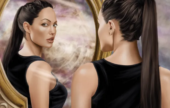 Picture look, girl, face, actress, mirror, Angelina Jolie, art, Tomb Raider