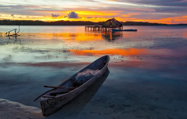 Clouds, sunset, lake, reflection, shore, boat, boats, the evening