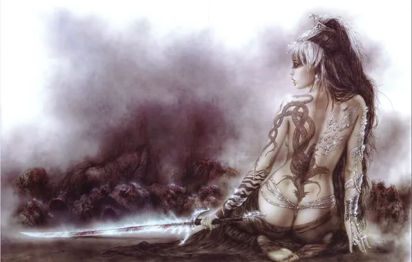 Girl, back, sword, tattoo, Luis Royo, dragon
