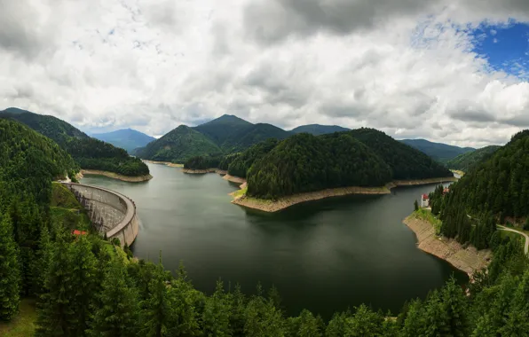 Forest, the sky, clouds, trees, mountains, lake, river, hills