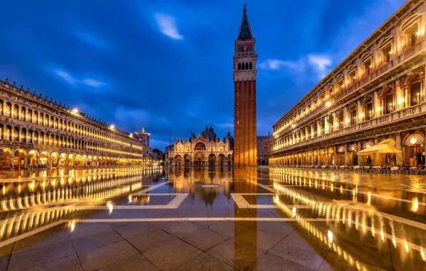 Building, tower, area, Italy, Venice, Cathedral, night city, Italy
