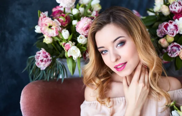 Flowers, pose, portrait, roses, makeup, dress, hairstyle, blonde