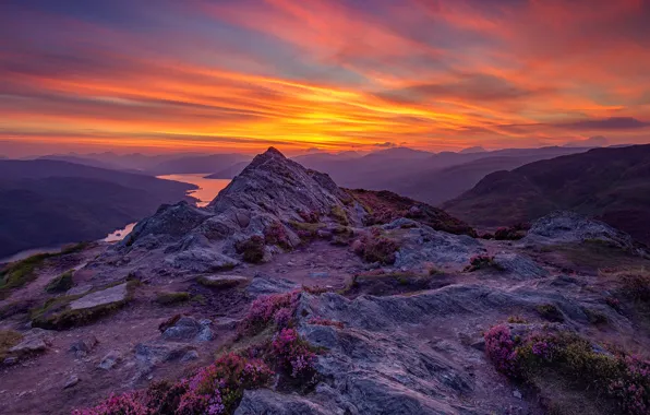The sky, mountains, river, stones, Scotland, glow