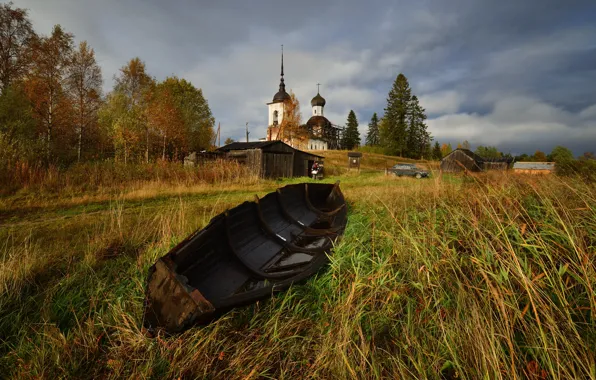 Autumn, the sky, grass, boat, Church, temple, Russia
