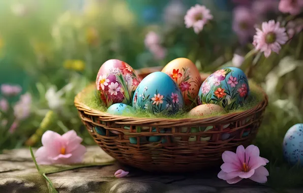 Flowers, eggs, spring, colorful, Easter, flowers, spring, Easter