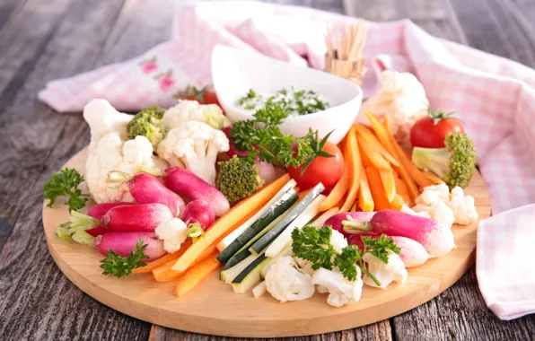 Greens, vegetables, tomatoes, carrots, sauce, cabbage, radishes, cabbage