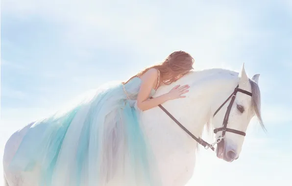 Picture girl, horse, dress, white