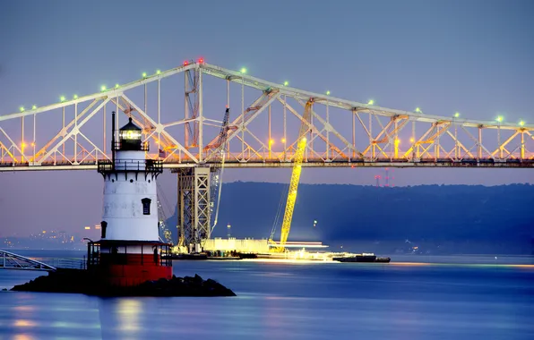 Bridge, lights, lighthouse, New York, USA, Tarrytown, Tappan Zee bridge