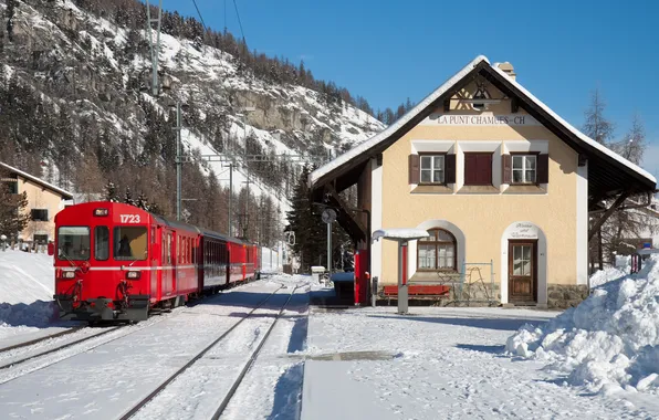 Winter, forest, the sky, snow, mountains, house, train, Switzerland
