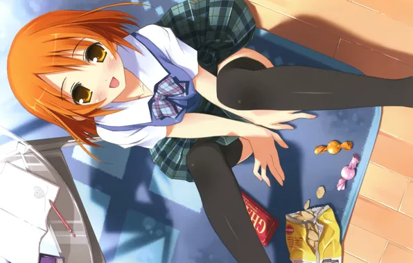 Joy, red, schoolgirl, candy, sitting on the floor, black stockings, big eyes, looking up