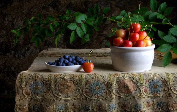 Picture berries, table, branch, blueberries, still life, cherry, tablecloth