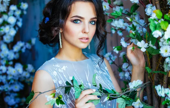 Picture girl, flowers, makeup, dress, brunette, hairstyle, beauty
