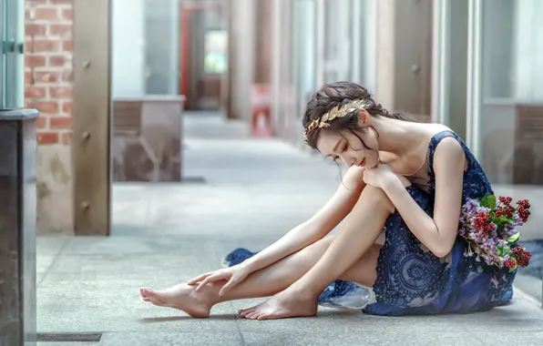 Girl, flowers, street