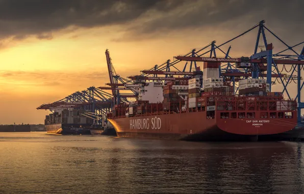 Picture sunset, port, Hamburg