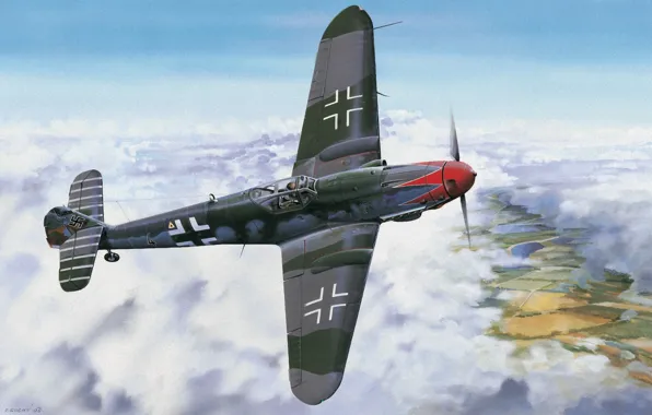 War, art, painting, drawing, ww2, bf 109, german fighter