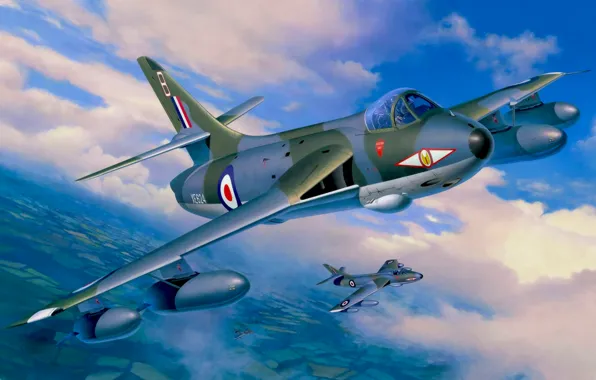 Picture war, art, painting, aviation, jet, Hawker Hunter