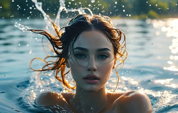 Summer, look, water, girl, light, squirt, face, pose