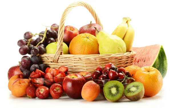 Berries, apples, oranges, watermelon, kiwi, strawberry, grapes, bananas