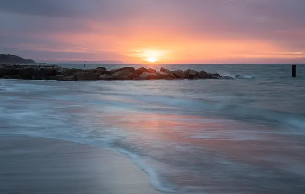 Sea, beach, the sun, stones, dawn, shore