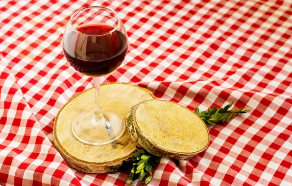 Table, tree, wine, glass, drink, tablecloth