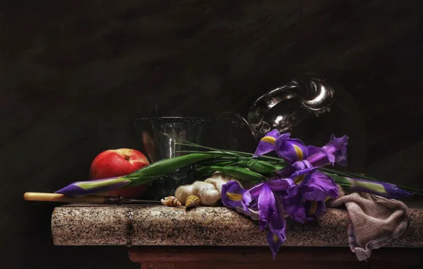 Knife, shell, still life, nectarine, iris
