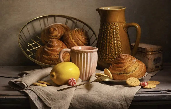 Table, lemon, towel, cookies, candy, spoon, mug, Cup