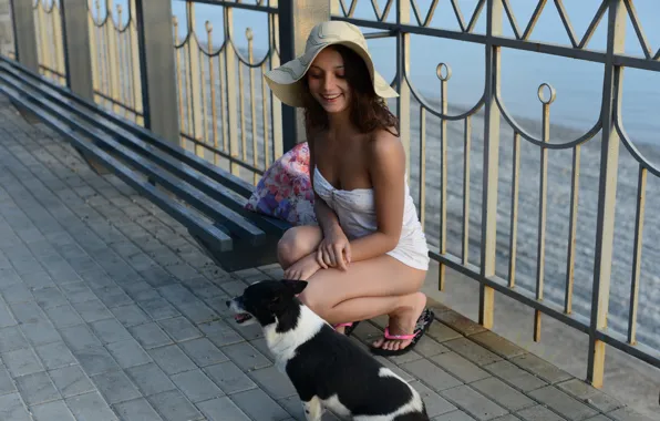 Girl, smile, dog, model, cute, seashore, platform, Nensi
