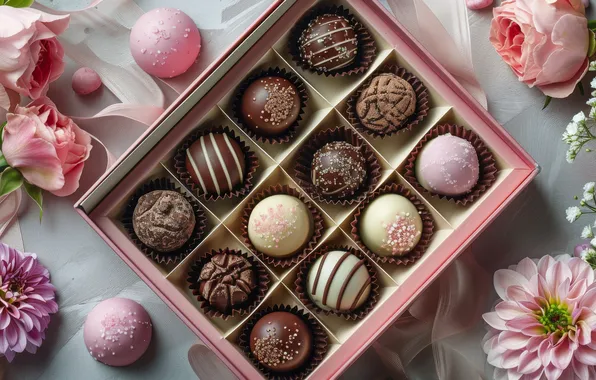 Flowers, holiday, gift, March 8, Valentine's Day, a box of chocolates, Birthday, chocolates