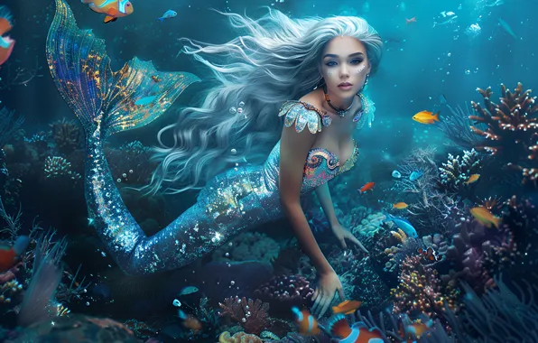 Picture Fish, Girl, Mermaid, Hair, Underwater world, Tail, Digital art, Coral