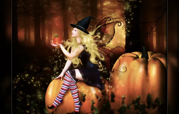 Picture forest, girl, pumpkin, Digital Art, brandrificus, time for tricks and treats