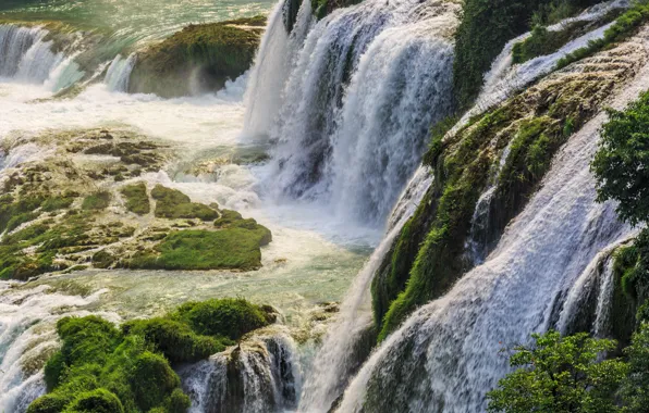 Greens, stones, rocks, waterfall, moss, stream, waterfalls