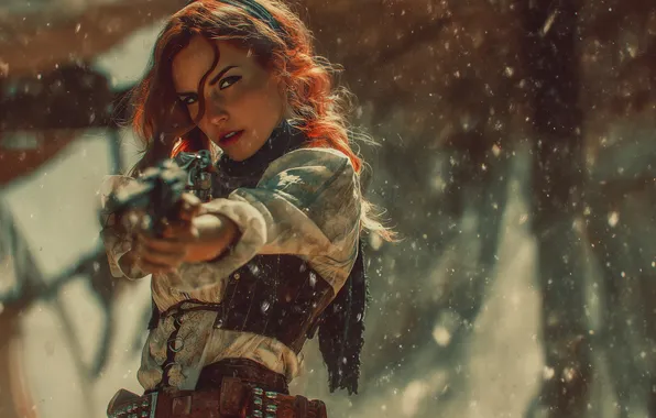 Gun, women, redhead, fantasy art, aiming, looking at viewer, AI art